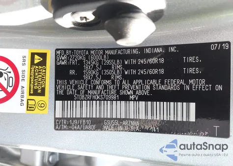 2019 Toyota Highlander Le из США, поврежденный, VIN 5TDBZRFH0KS709981